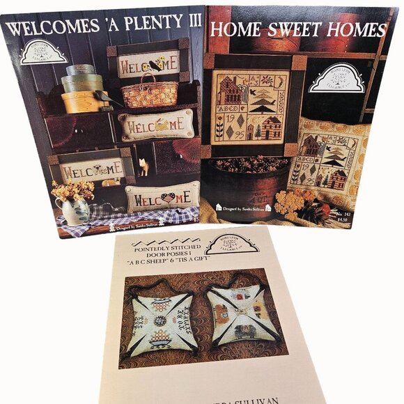 Homespun Elegance Cross Stitch Welcomes Door Posies Home Sweet Home Lot of 3 Vtg - Picture 1 of 10
